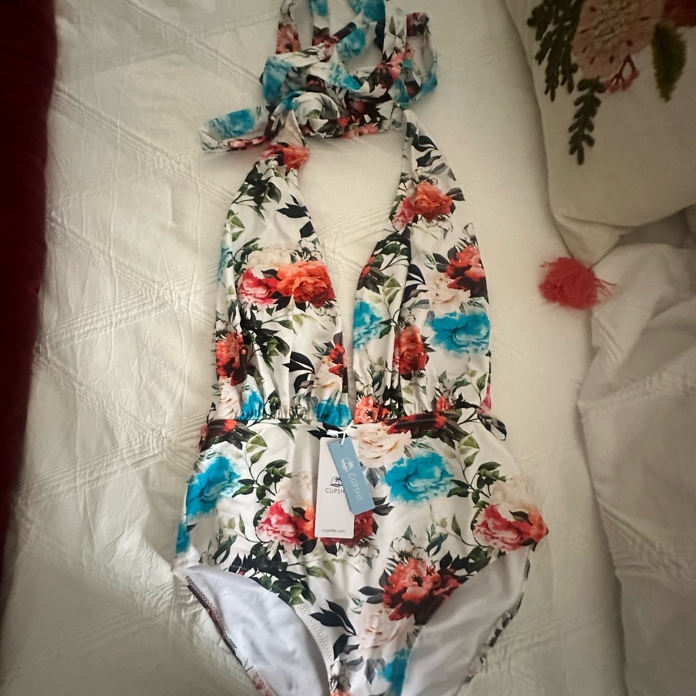 Cupshe Floral Halter Swimsuit - White, Red, Blue